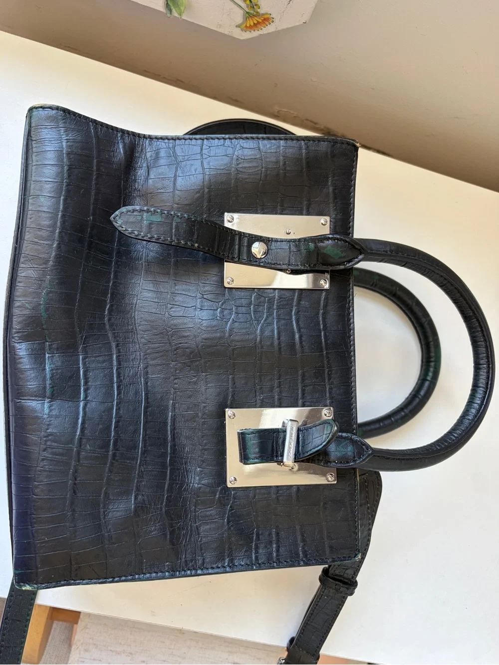 henri bendel Black Croc-Embossed Structured Top-Handle Bag